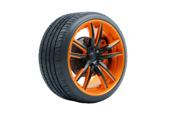 Black tire with wheel alloy isolated on cut out PNG transparent background. Car wheels rim fluorescent orange chrome mag wheel black performance auto part decoration. Transport vehicles transportation