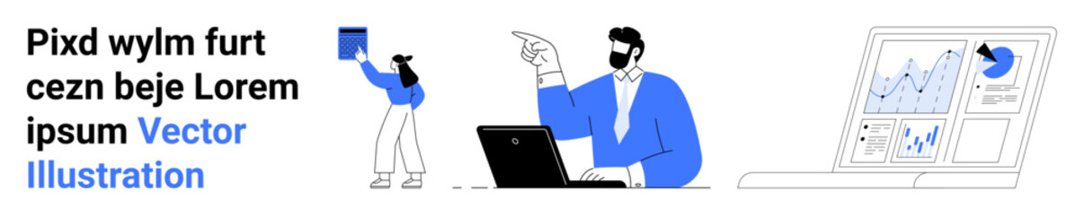 Business solutions, data analysis, teamwork, strategy planning, workflow management, digital tools. Person presenting data, another with a laptop and graphs. Data analysis and business solutions