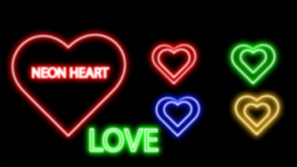 Neon heart suit icon. Glowing neon hearts sign, outline card suit symbol and silhouette