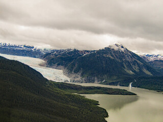 View of Mendenhall Glacier and Lake in Juneau, Alaska.