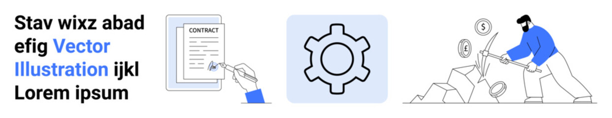 Hand signing a contract, gear representing process setup, and man mining with dollar signs. Ideal for business, contract, teamwork, productivity, industry, finance simple landing page