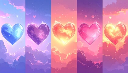 Five hearts against a colorful sky with fluffy clouds