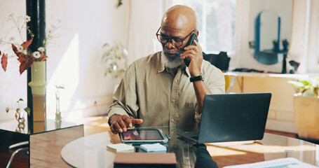 Barber, phone call and man on tablet in salon for online inventory, appointment and schedule....