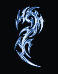 Y2K Gothic Winter Ice Cyber Sigil Tattoo: 3D Illustration of Chrome Metal Neo-Tribal Abstract Flame Shape, Metallic Melted Modern Burn Form in Liquid Mercury - Design Element