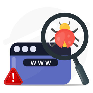 Web page bug under a magnifying glass icon, ideal for tech blogs, cybersecurity websites, or digital design concepts and presentations.