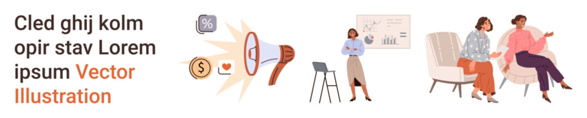 Obraz premium Marketing strategies, corporate teamwork, leadership, public speaking, business consulting, financial growth. Visual of people discussing and presenting. Marketing strategies and corporate teamwork