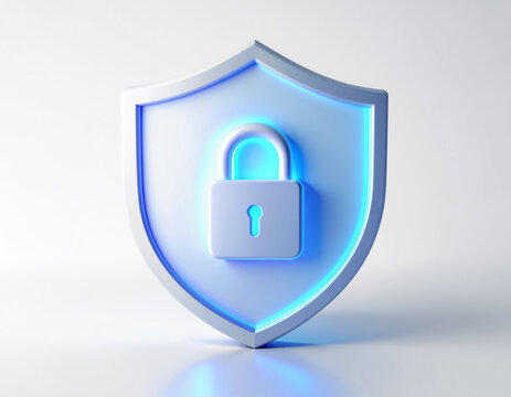 3D Shield with Padlock Icon&mdash;white glossy design with glowing blue light, symbolizing cybersecurity and data protection.