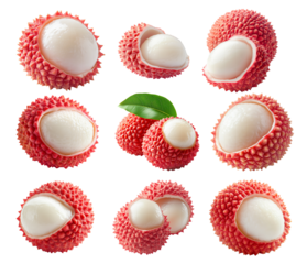 Set of lychee fruit with red skin, white flesh and green leaves isolated on white background, concept of tropical fruit
