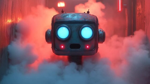 Mysterious Robot Emerges from Smoke and Red Light.