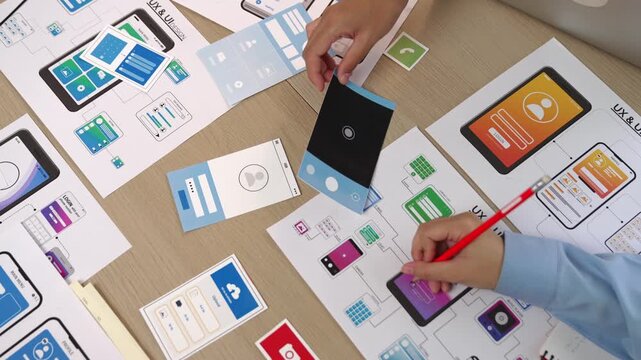 Top view panorama video of startup company employee planning on user interface prototype for mobile application or website in office. UX UI designer brainstorm user friendly interface plan. Synergic