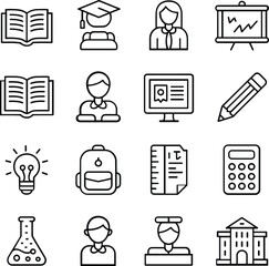 Collection of educational and school related icons in black outline book open book
