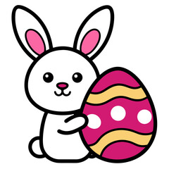 Adorable cartoon bunny holding a decorated egg in a simple flat illustration style for easter