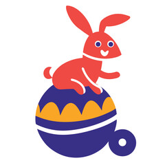 A cheerful red rabbit sitting on top of a colorful blue and orange decorative easter egg illustration