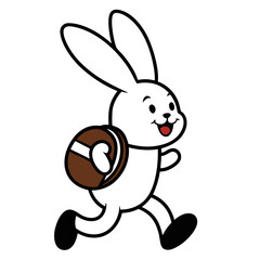 A cute cartoon white rabbit running happily while carrying a large chocolate sandwich cookie on its back