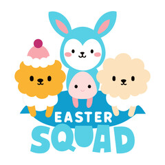 An adorable group of easter characters including a bunny and fluffy sheep, forming the easter squad