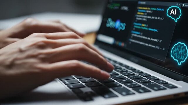 Developer Hands Typing Code on Laptop with Animated AI Brain and DevOps Icons
