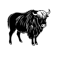 Clean black line art illustration of a yak standing in profile, featuring bold outlines and simple details. Ideal for icons, stickers, and minimalist design use.
