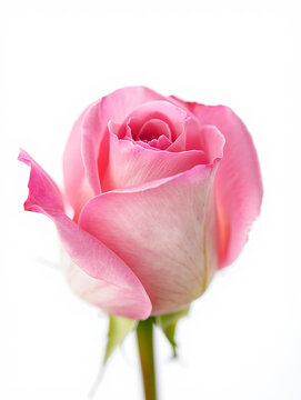 Close-up of a delicate pink rosebud against a bright white background, symbolizing fresh beauty, tenderness, and blooming romance