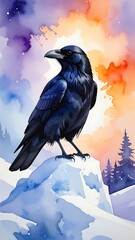 Obraz premium Moody watercolor painting of a raven perched atop a snow-covered hill, against a colorful, abstract sky