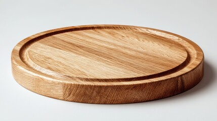 A round wooden serving and cutting board with a juice groove on a white background