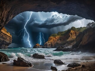 beautiful view of the sea with cave and storm