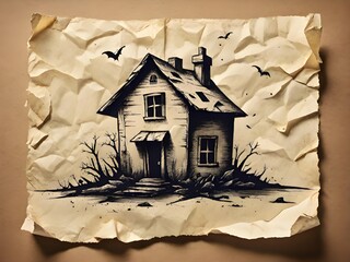 halloween house with ghost on old paper