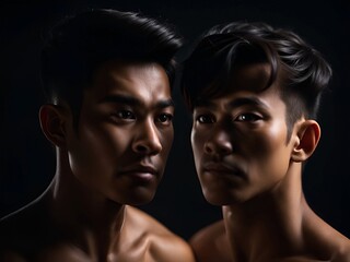 portrait of two young asian men with naked body.