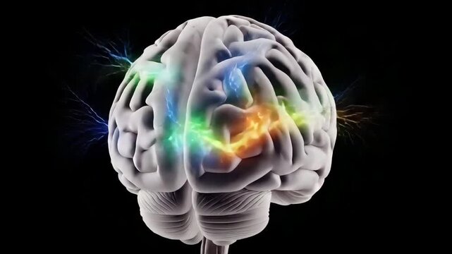 A detailed illustration of a human brain with colorful glowing sections on a black background