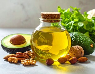 Glass bottle with oil, avocados, nuts, and greens