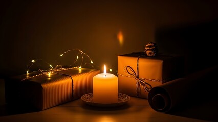 Cozy scene with lit candle surrounded by gifts and fairy lights in warm ambient lighting