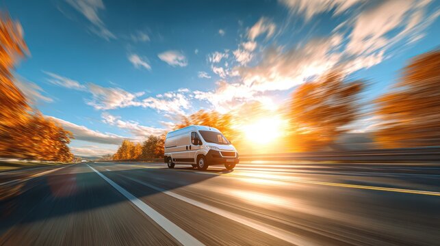A white van speeding on an open highway during a vibrant autumn sunset, symbolizing fast delivery and travel