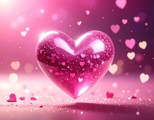 Glossy pink heart with glitter, floating smaller hearts. Soft bokeh background