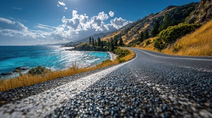 A beautiful scenic coastal road curves along a turquoise ocean under a bright sunny sky