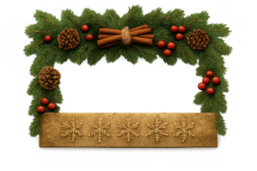 Christmas holiday frame with pine branches, cinnamon sticks, pinecones, berries, and snowflake garland, transparent background