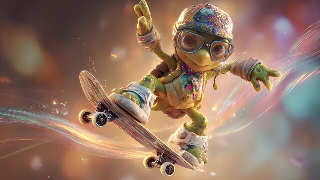 Stunt turtle on a skateboard