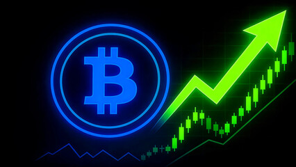 Bitcoin symbol glowing blue against a dark background with a vibrant green upward trending arrow and candlestick chart indicating cryptocurrency market growth profit investment digital finance success