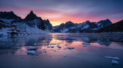 Majestic snow-capped mountains overlook a tranquil frozen lake bathed in the vibrant hues of twilight