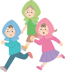 防災頭巾を被って走る子供達