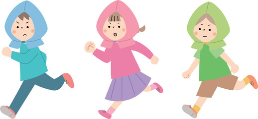 防災頭巾を被って走る子ども