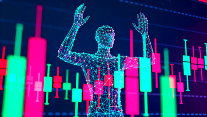 Digital human figure celebrating success against a backdrop of neon cryptocurrency trading charts representing financial market volatility and investment opportunity in the metaverse economy