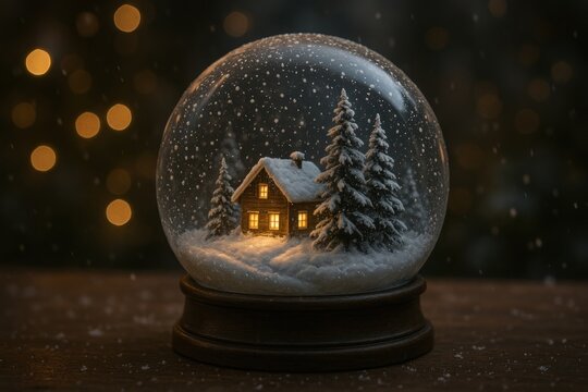 Cozy cabin snow globe scene. - Powered by Adobe