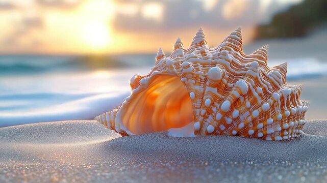 Beautiful seashell on sandy beach at sunset