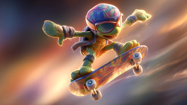Stunt turtle on a skateboard