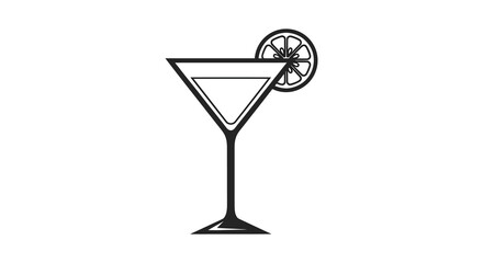 A black and white illustration of a classic martini glass with a citrus garnish silhouette
