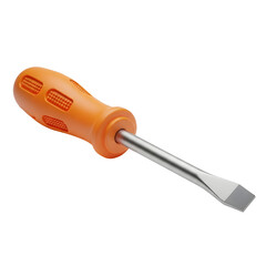 An orange and silver flat head screwdriver featuring a textured non slip grip handle and a shiny metallic shaft with a robust flat tip tool
