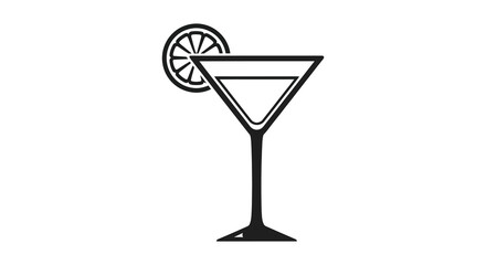 A striking black and white illustration of a classic martini glass with an orange slice silhouette