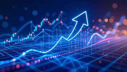 Modern corporate background featuring upward data analytics and realistic glowing arrow