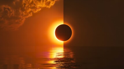 Solar eclipse glowing dramatically above calm ocean water creating powerful celestial reflection.