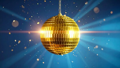 Golden disco ball suspended by a chain, with light burst effect