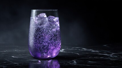 A chilled glass of violet fizz stands on polished black marble, sparkling bubbles rising luminous purple liquid. Subtle mist